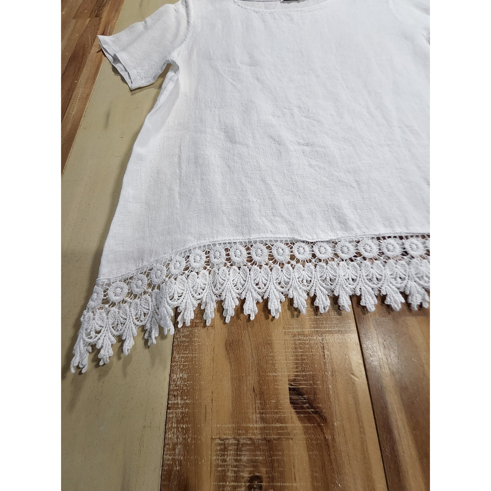 Made in Italy Linen Top White Crochet Lace Hem Boho Large