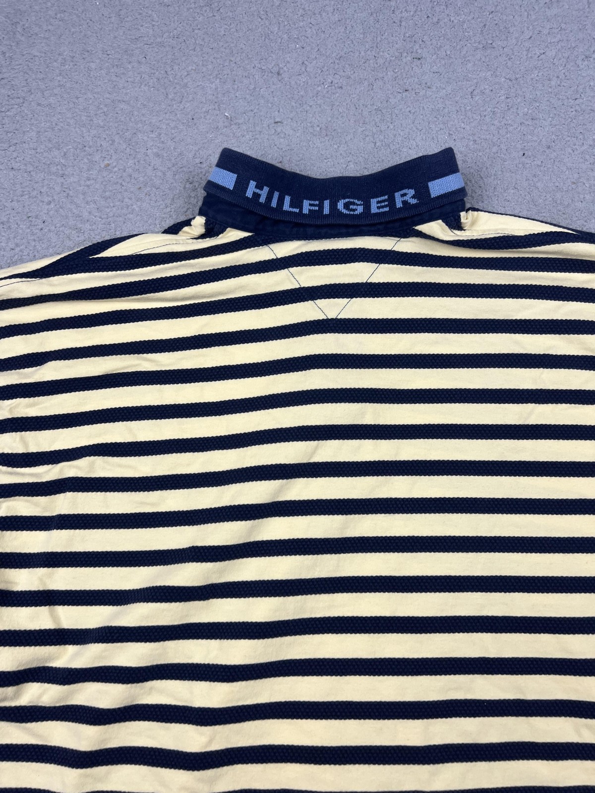 Tommy Hilfiger Polo Shirt Mens Medium Navy Yellow Striped Flag Logo Cotton