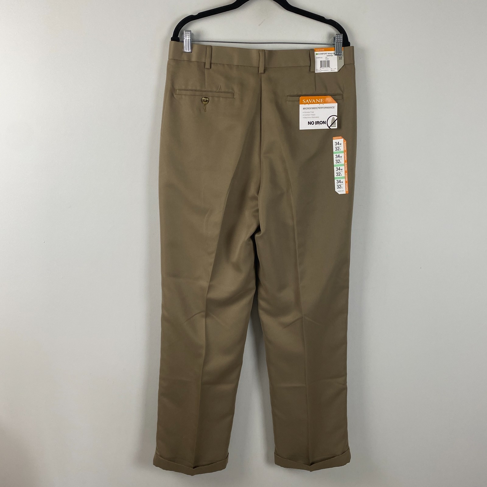 Savane Pleated Cuffed No Iron Performance Pants Size 34×32 Khaki Comfort Waist