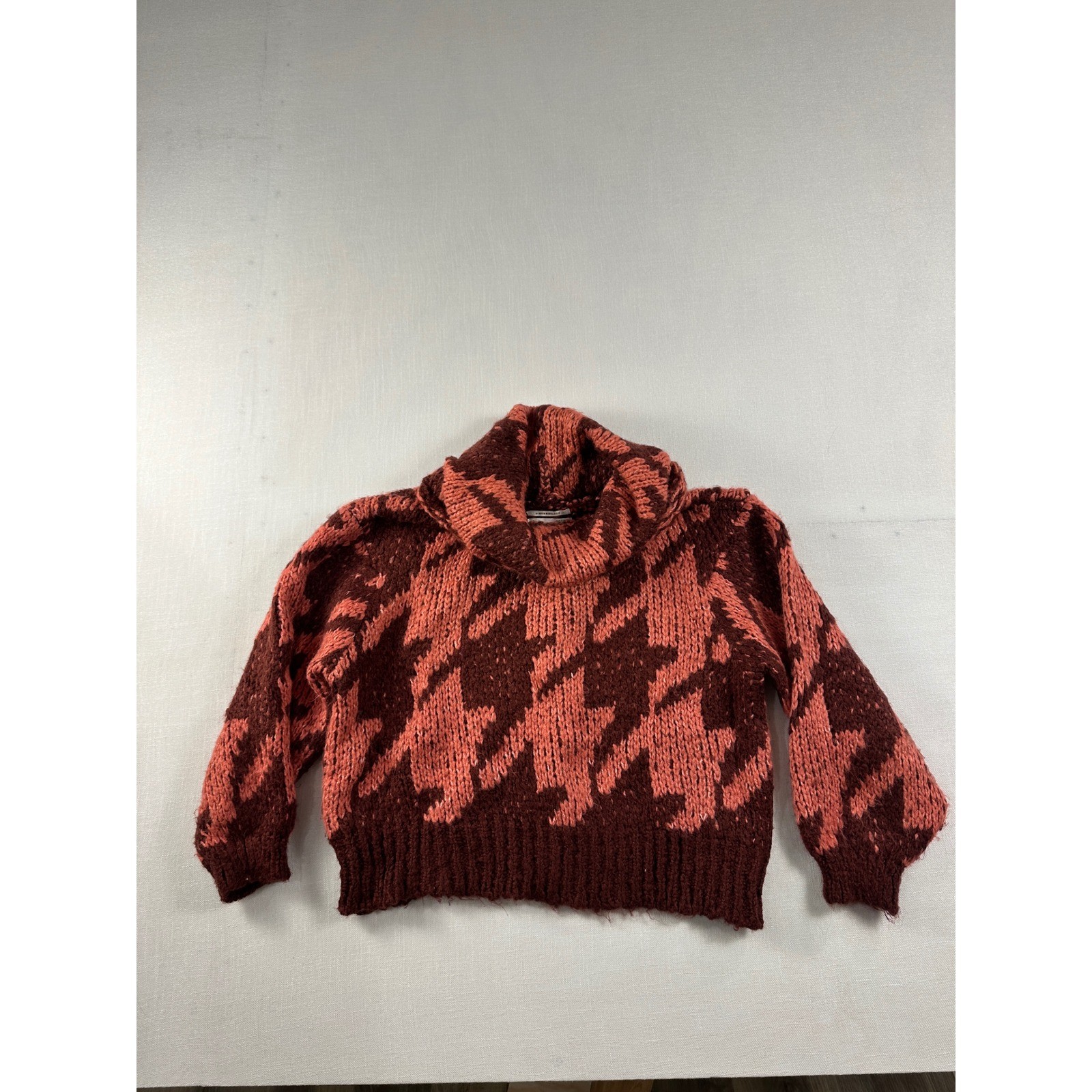 Anthropologie Houndstooth Ginny Chunky Knit Cowl Sweater Burgundy Pink Small