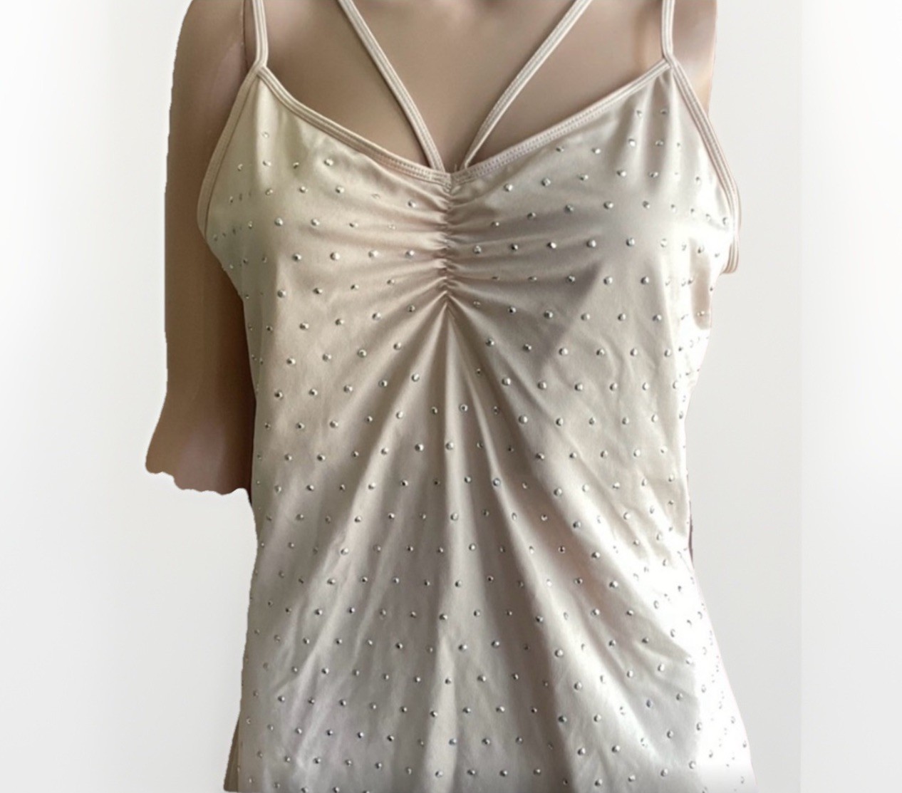 Boston Proper Beige Rhinestone Ruched V-Neck Stretch Cami Women’s L
