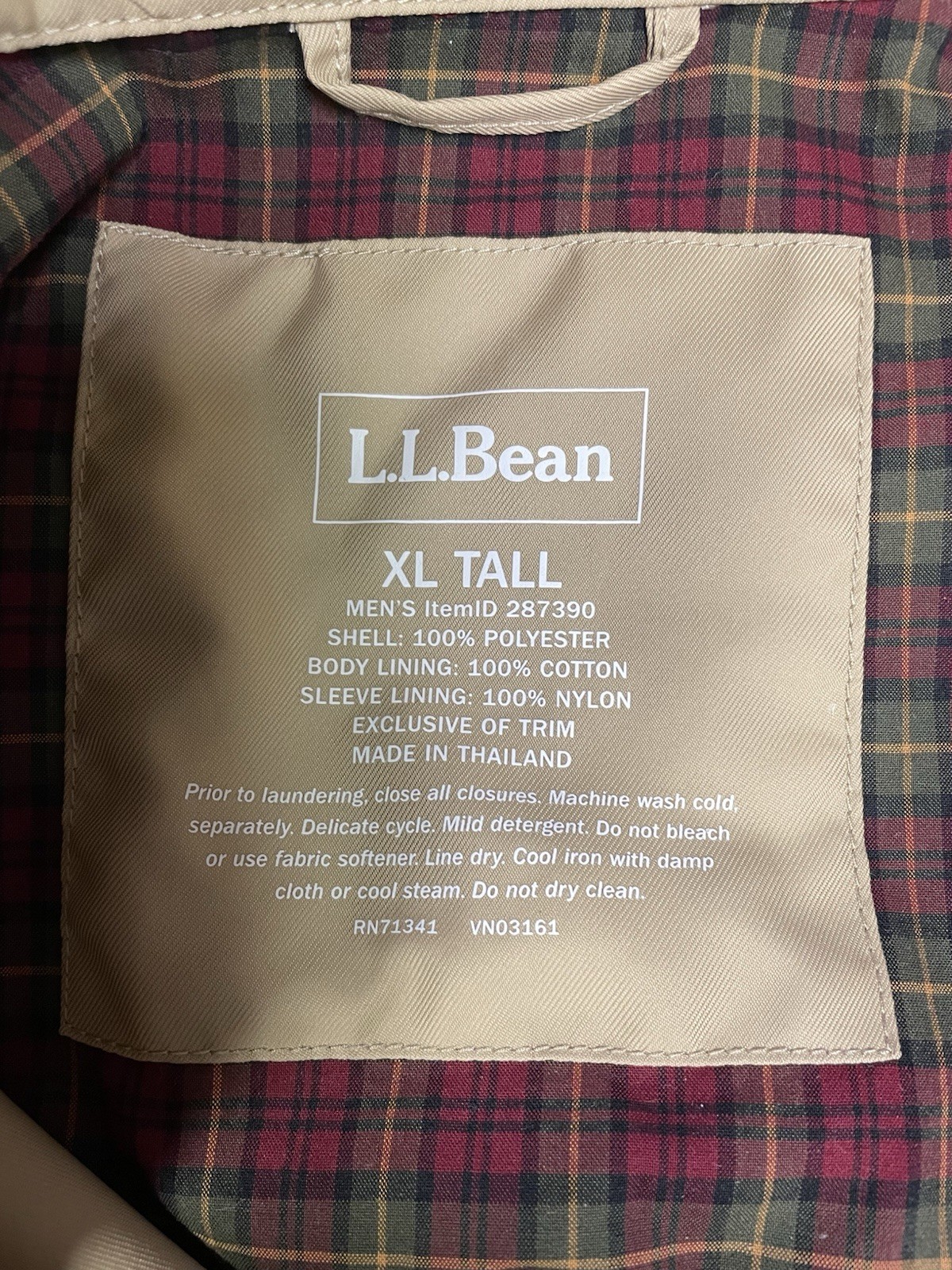 LL Bean Men Tan H2Off Full Zip Warm Up Jacket Plaid Flannel Lined Preppy XL Tall