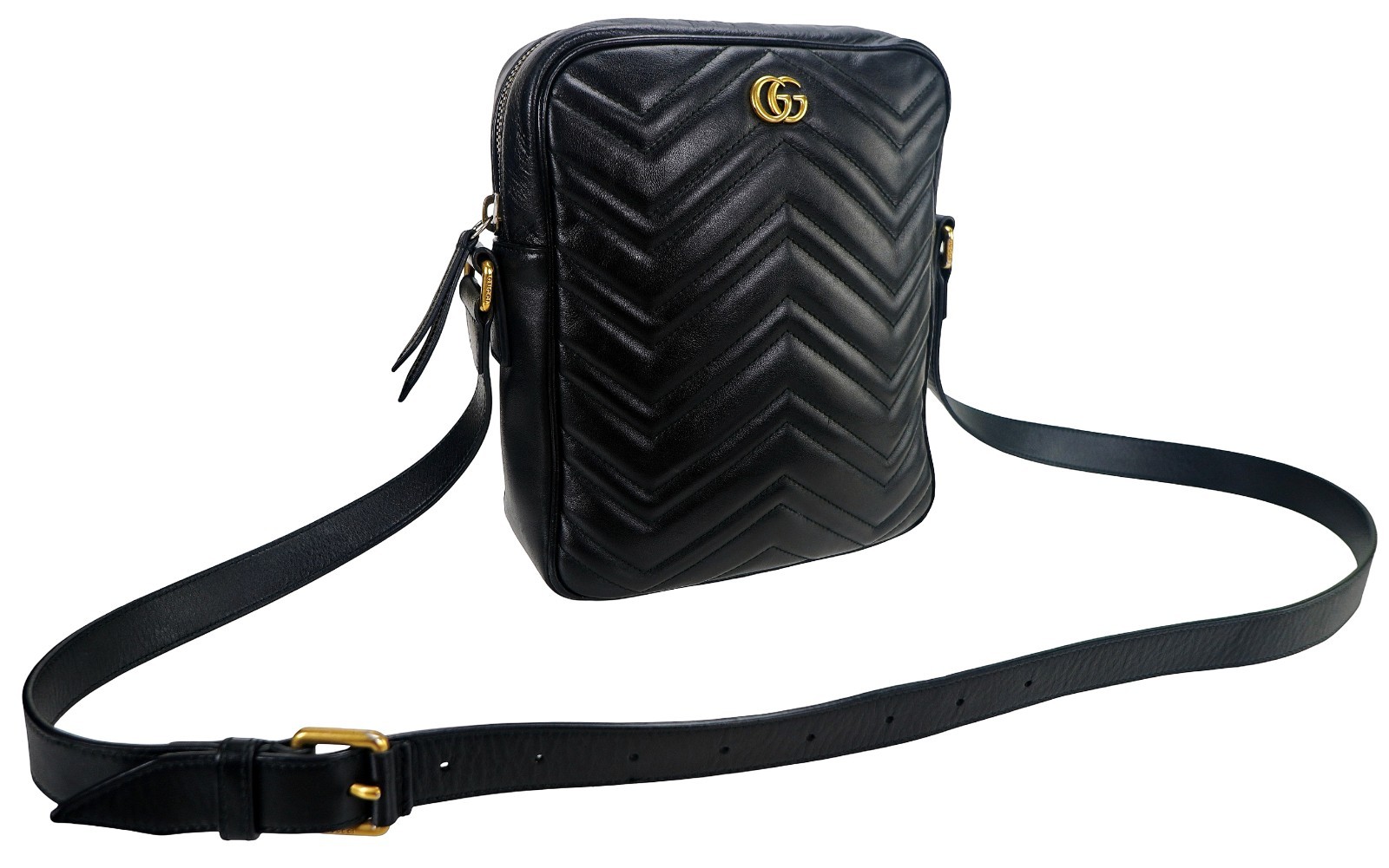 Authentic GUCCI Black Marmont Leather Crossbody Zip-Top Messenger Bag Italy
