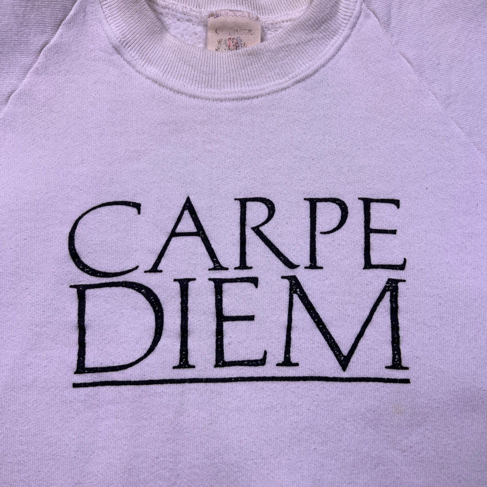 Vintage Carpe Diem Seize The Day Sweatshirt Mens Large White Raglan Crewneck