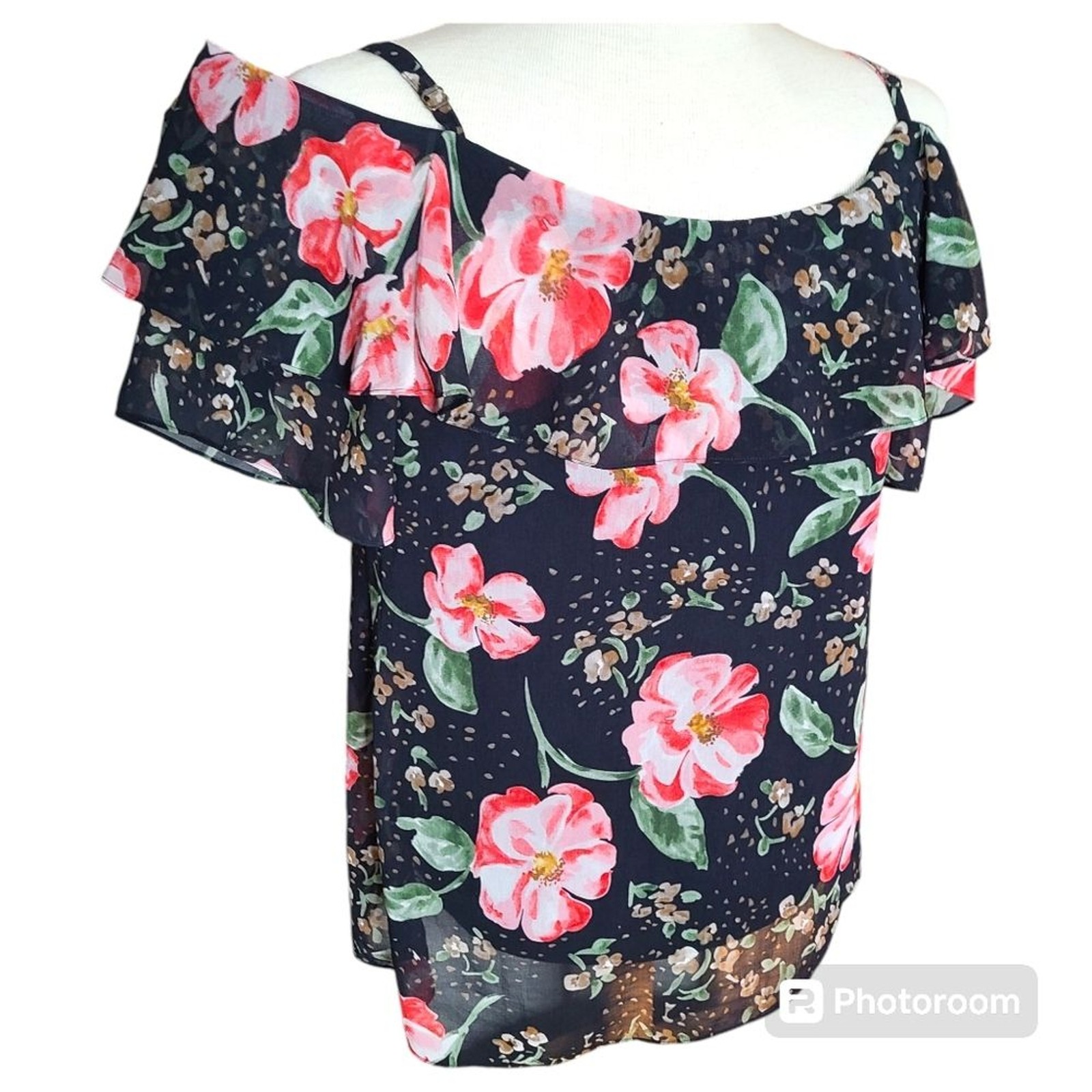 CABI Size Medium Navy Pink Floral Ruffled Off the Shoulder Blouse Coastal Chic