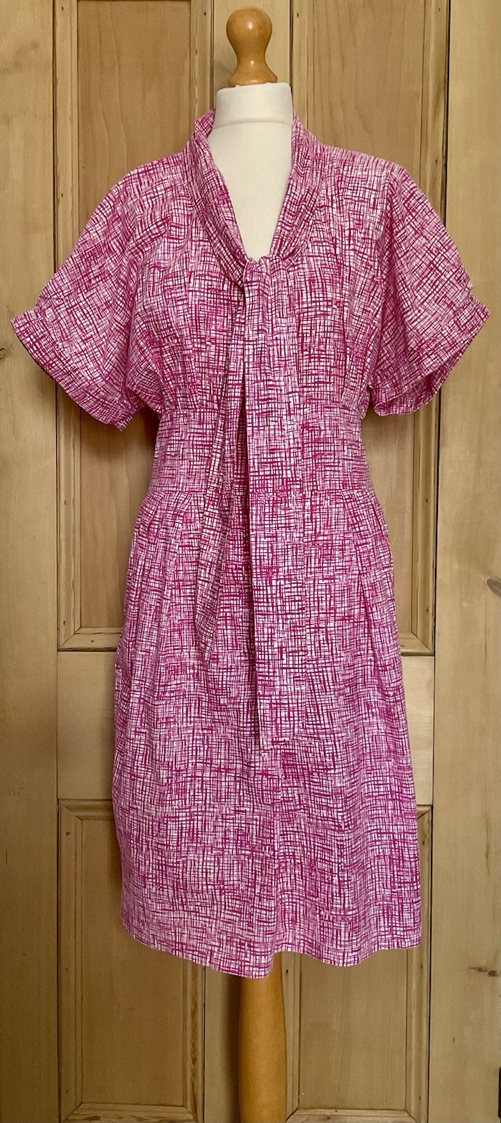 PAUL SMITH Black Label pink white grid print tie neck cotton shirt dress S