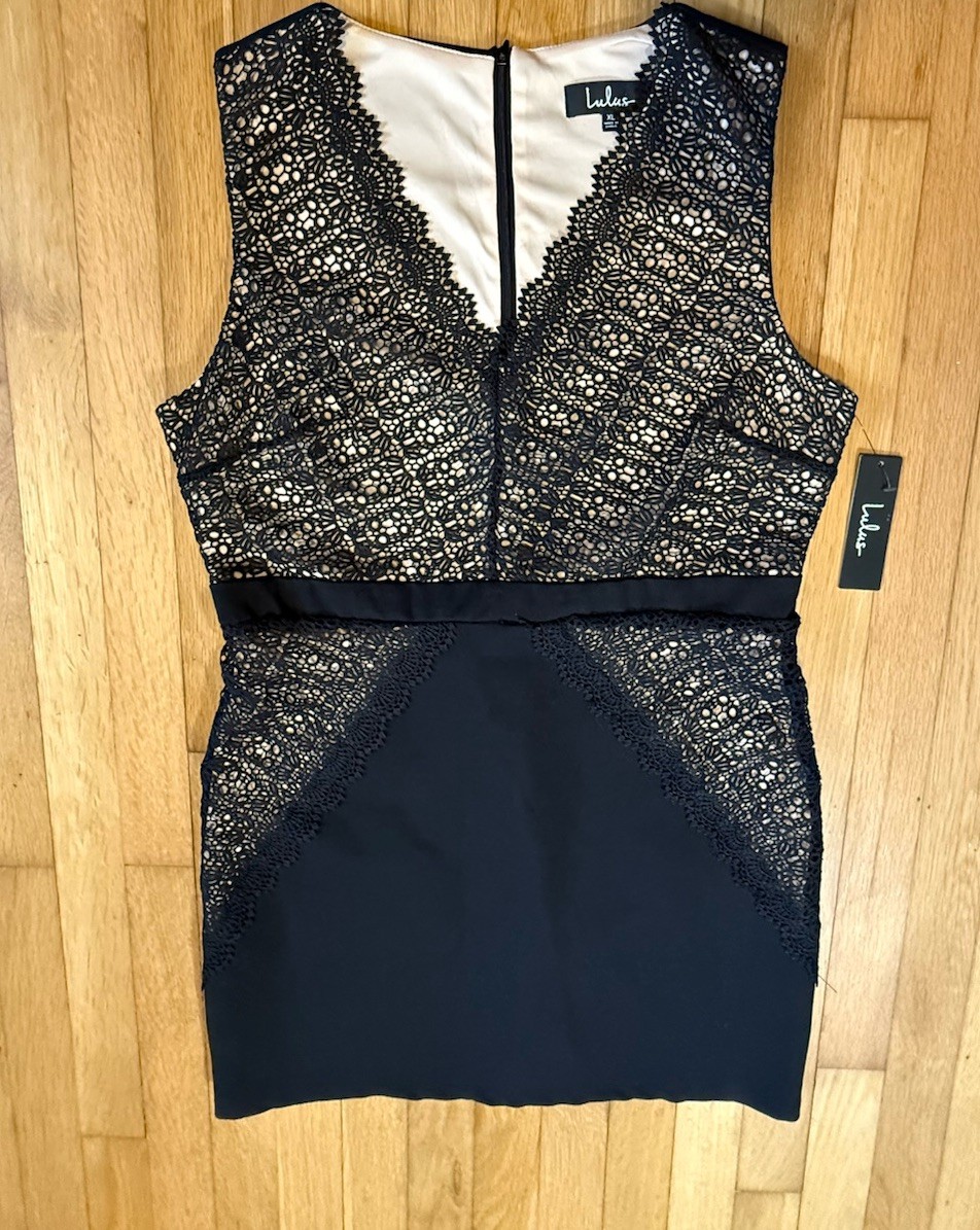 Lulus Black Lace V-Neck Sleeveless Lined Bodycon Short Dress Women’s XL