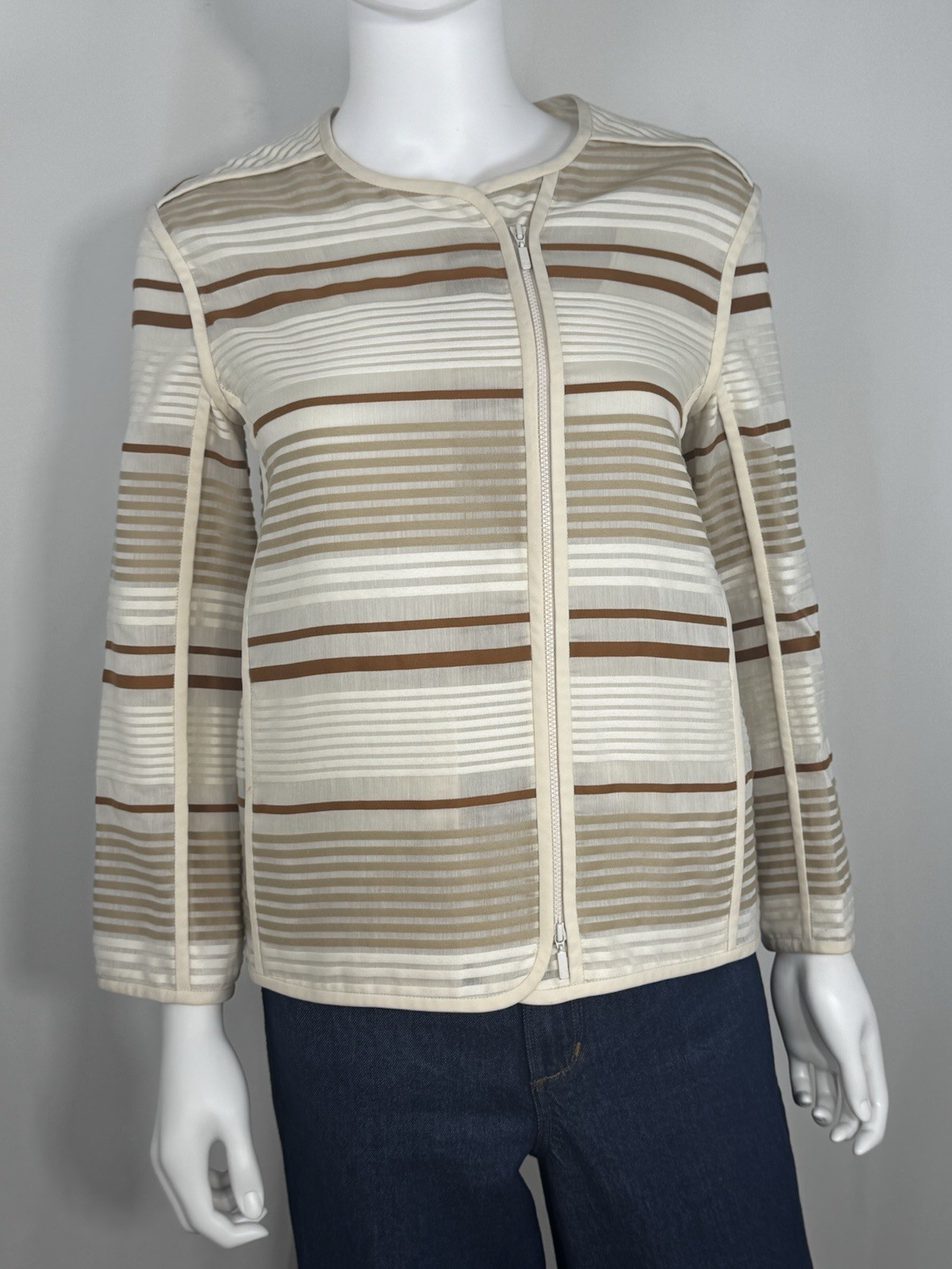Lafayette 148 New York Cotton Silk Striped Zip Jacket Sheer Beige Brown Sz P