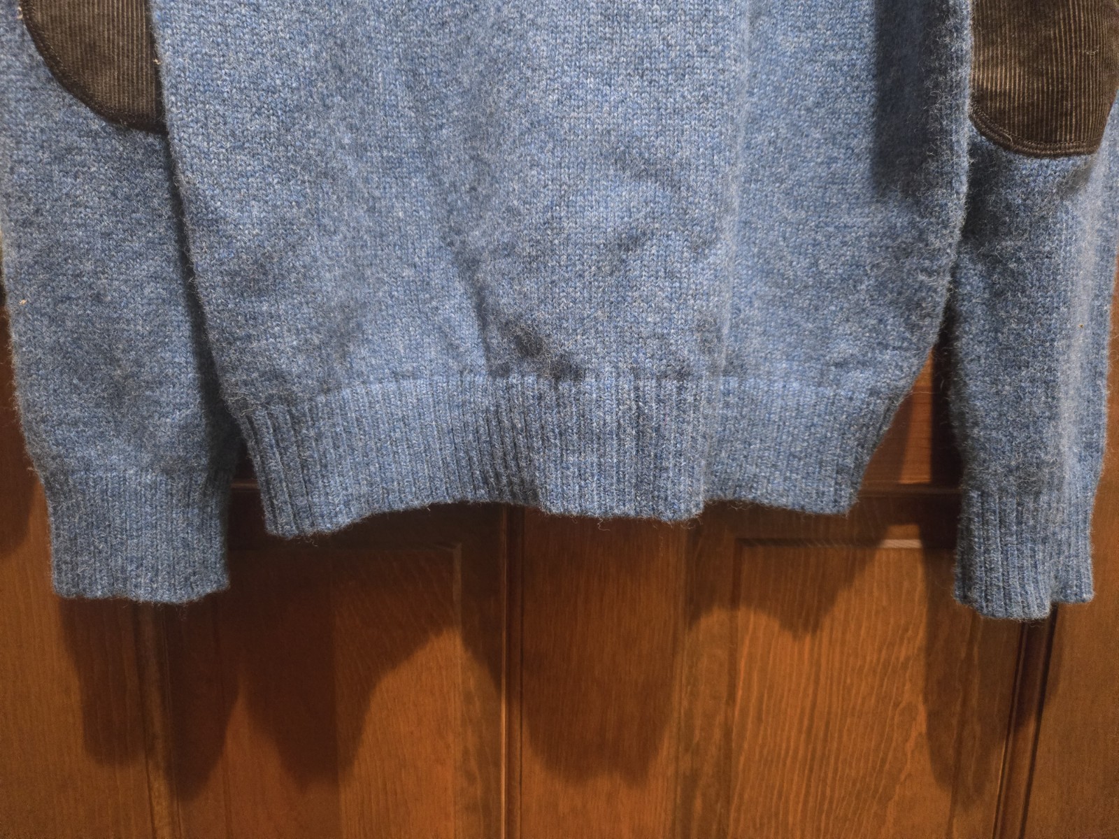 LL Bean Sweater Mens Medium Blue Shetland Wool Corduroy Elbow Patches 1/4 Zip