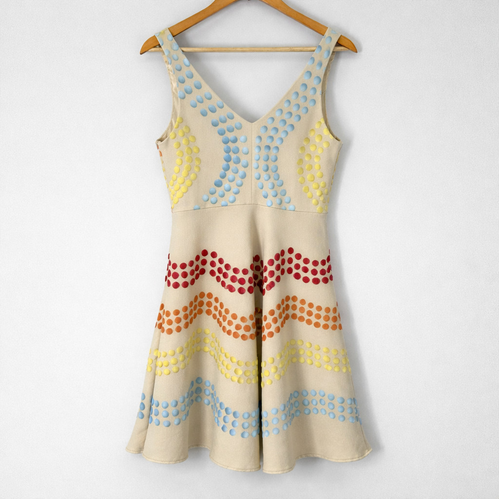 Eva Franco Womens Dress 10 Beige Textured Polka Dot Chevron V-Neck Mod Retro