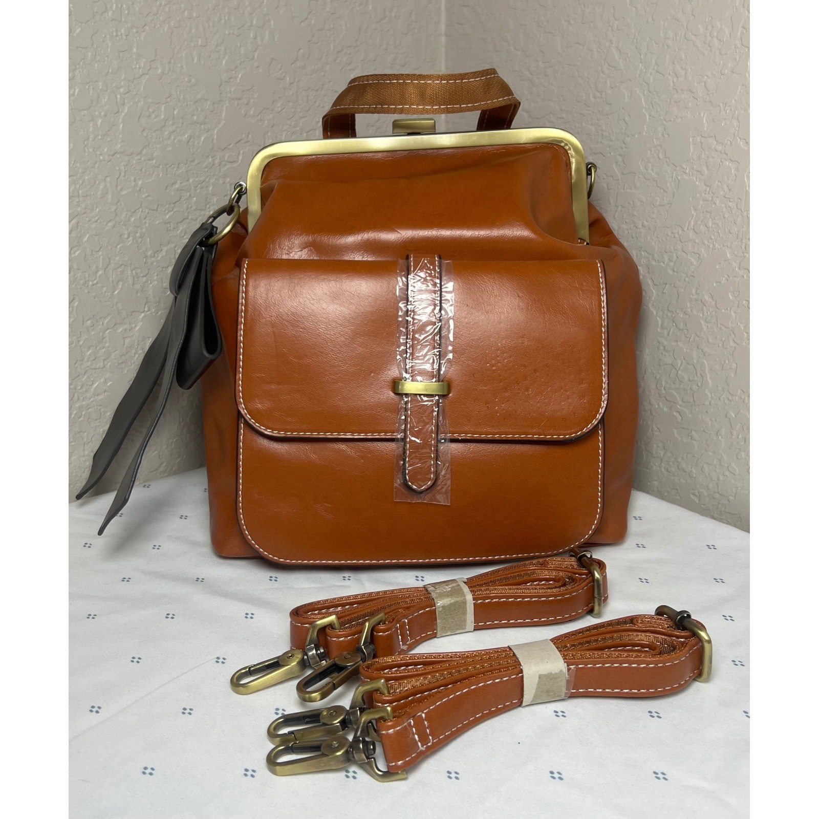 Walasa Love Bag Cognac Brown Split Leather Kiss Lock Convertible Backpack Bow