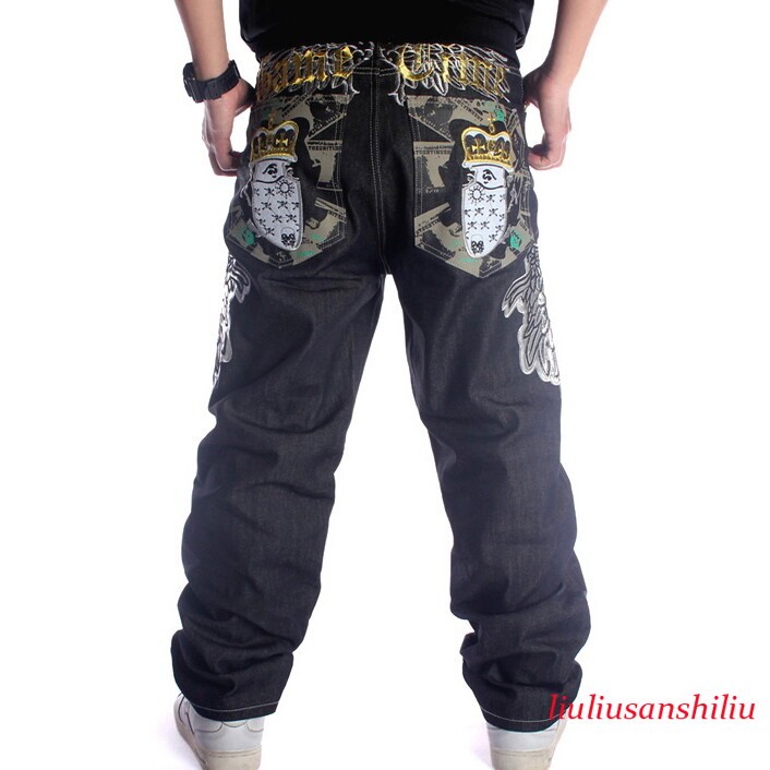 Mens Black Embroidery Jeans Relaxed Fit Loose Hip Hop Streetwear Pants W30-W46