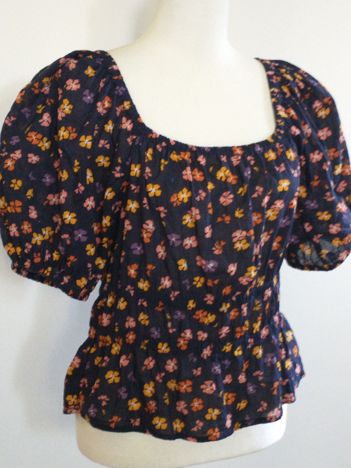 Madewell Navy Blue Floral Boho Peplum Puff Sleeve Blouse Top S