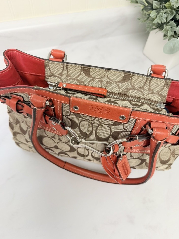 Coach Signature Logo Satchel/Top Handle Bag Beige/Brown/Orange Lining