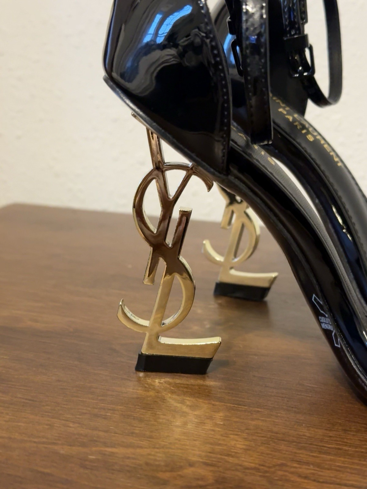 Saint Laurent Black Patent Leather Strappy Square Toe Ankle Strap Logo Heel