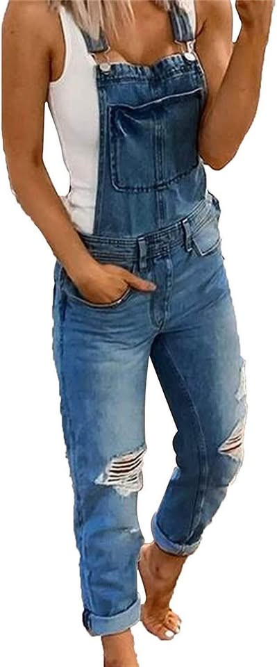 Women’s ripped denim overall. Size L (32 inches waist)