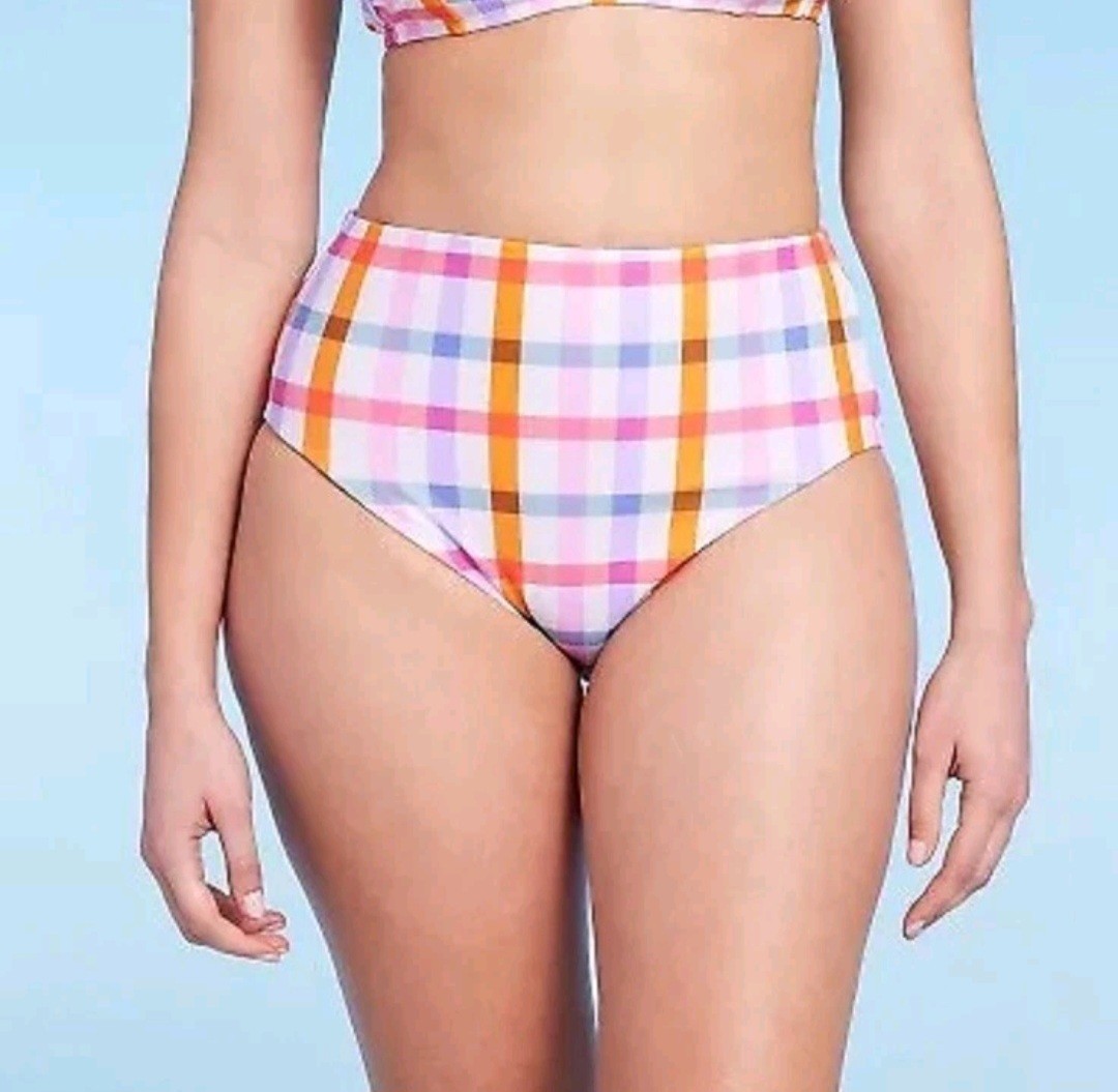 Kona Sol Bikini Bottom Women’s L Large Multicolor Plaid High Waist New