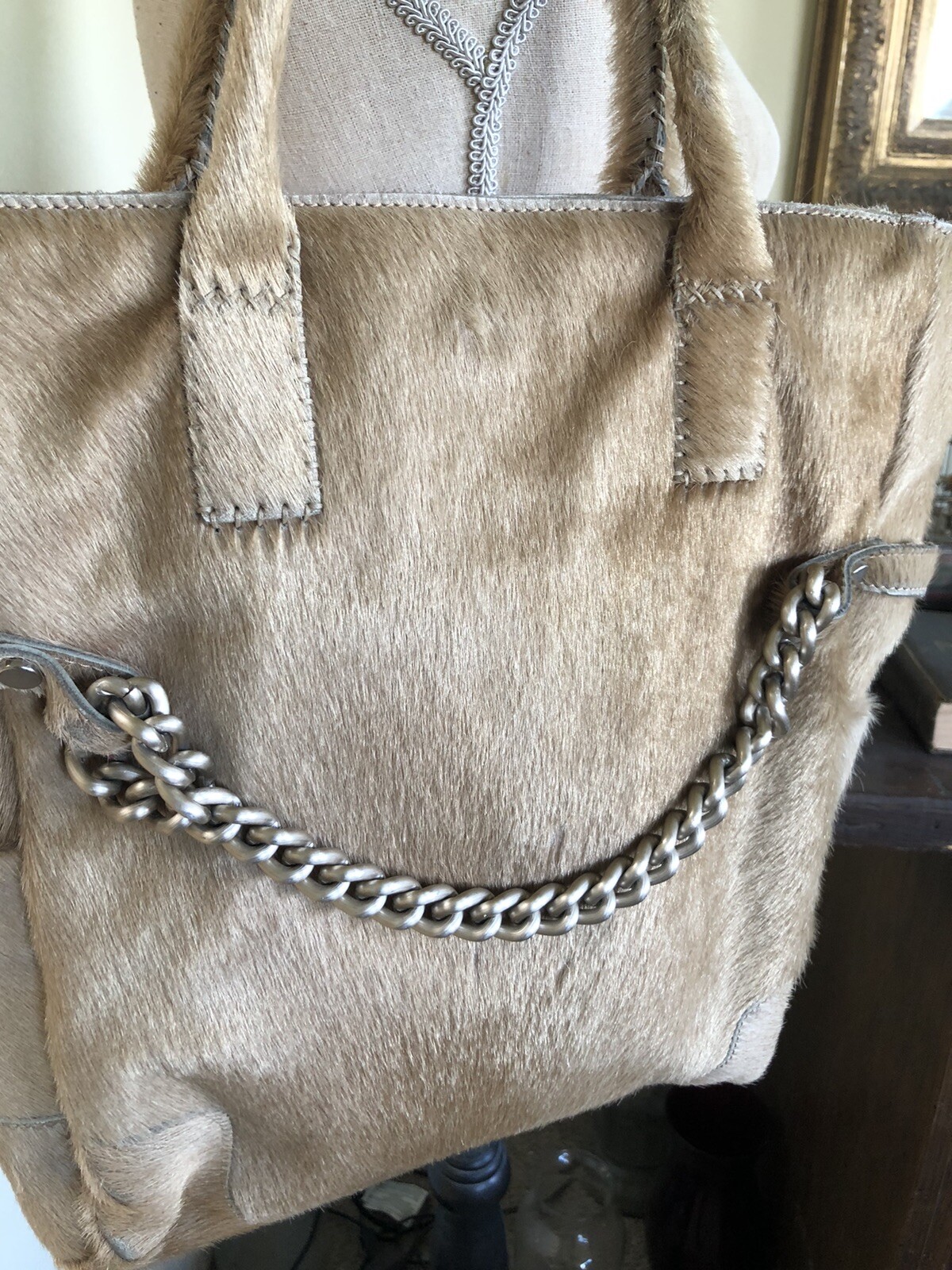 Vintage Falor Italy Tote Purse tan leather hyde tote with silver chain 15 X 14