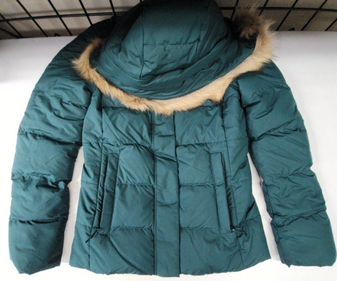 The North Face Puffer Jacket Womens Size S Green Hooded Faux Fur Trim Insulated