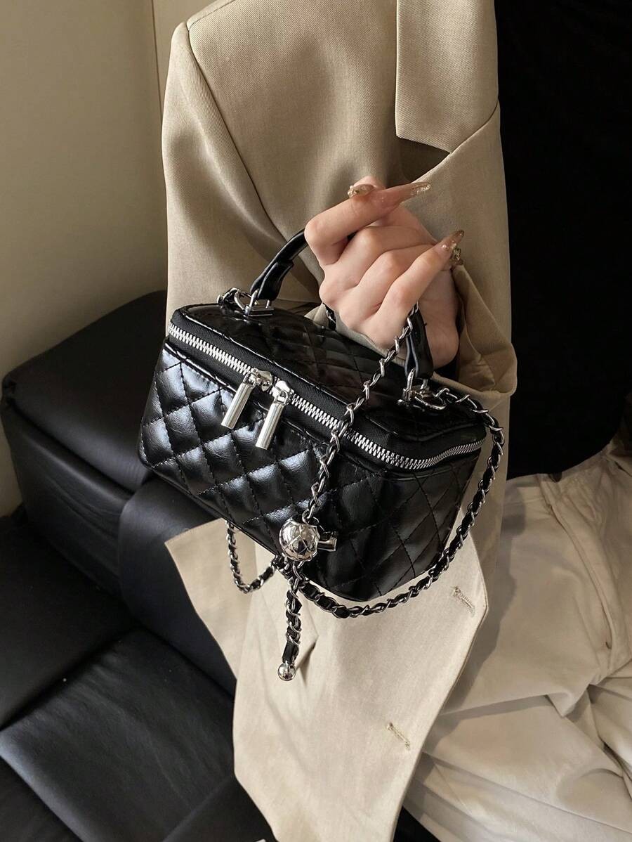 Mini Quilted Box Bag Rhinestone Embroidery Zipper Handbag Chain Strap Purse