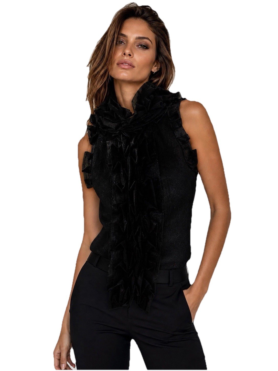 Robert Rodriguez Black Ruffle Neck Sleeveless Blouse Top Semi Sheer Size S Luxe
