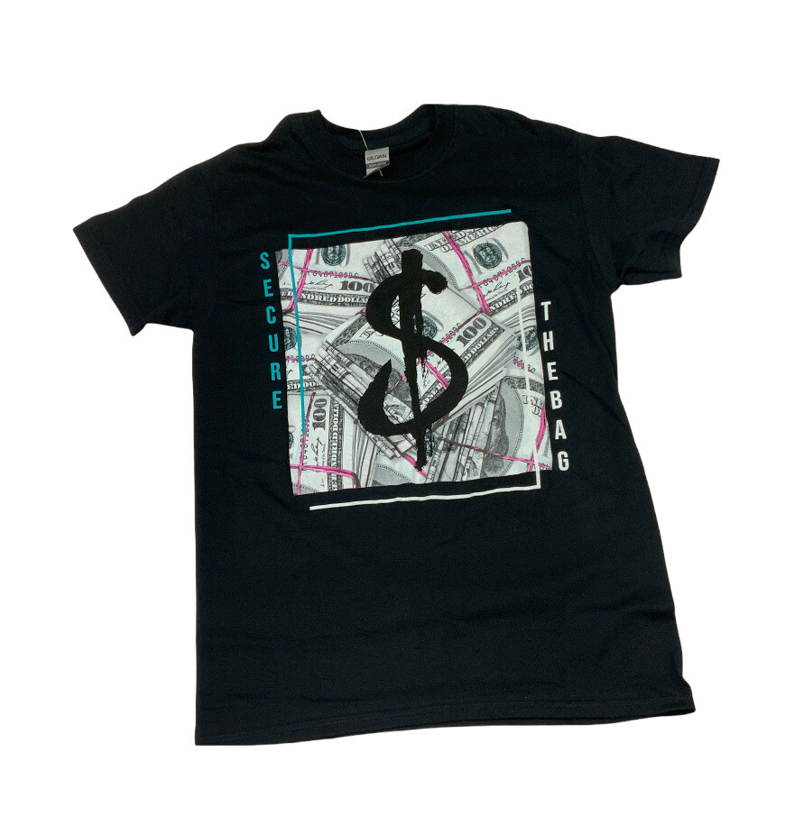 “Secure The Bag” Black Short Sleeve T-shirt Money $100 Bills Size S NEW Men’s