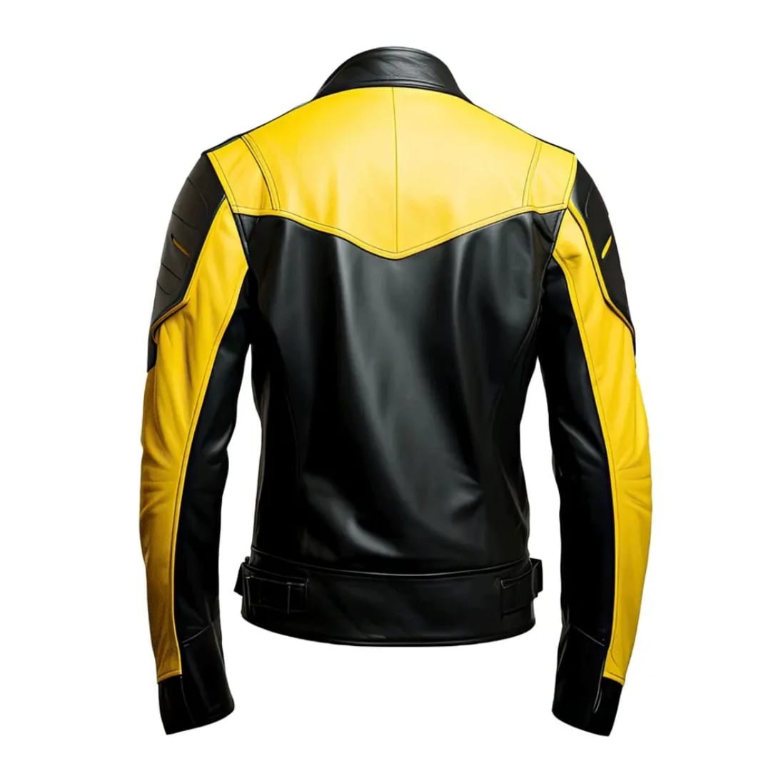 Premium Leather Biker Jacket Black and Yellow Sports Moto Racing Jacket For Men