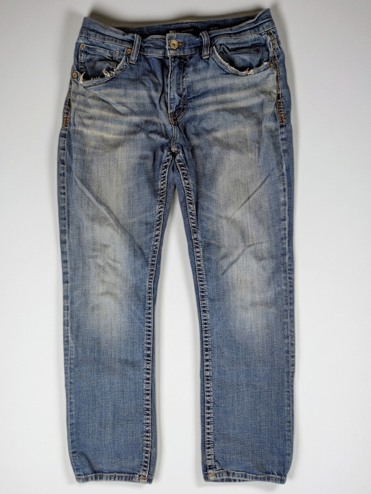 BKE Jake Straight Jeans Men’s 34X32 Medium Wash Distressed Heavy Whiskered