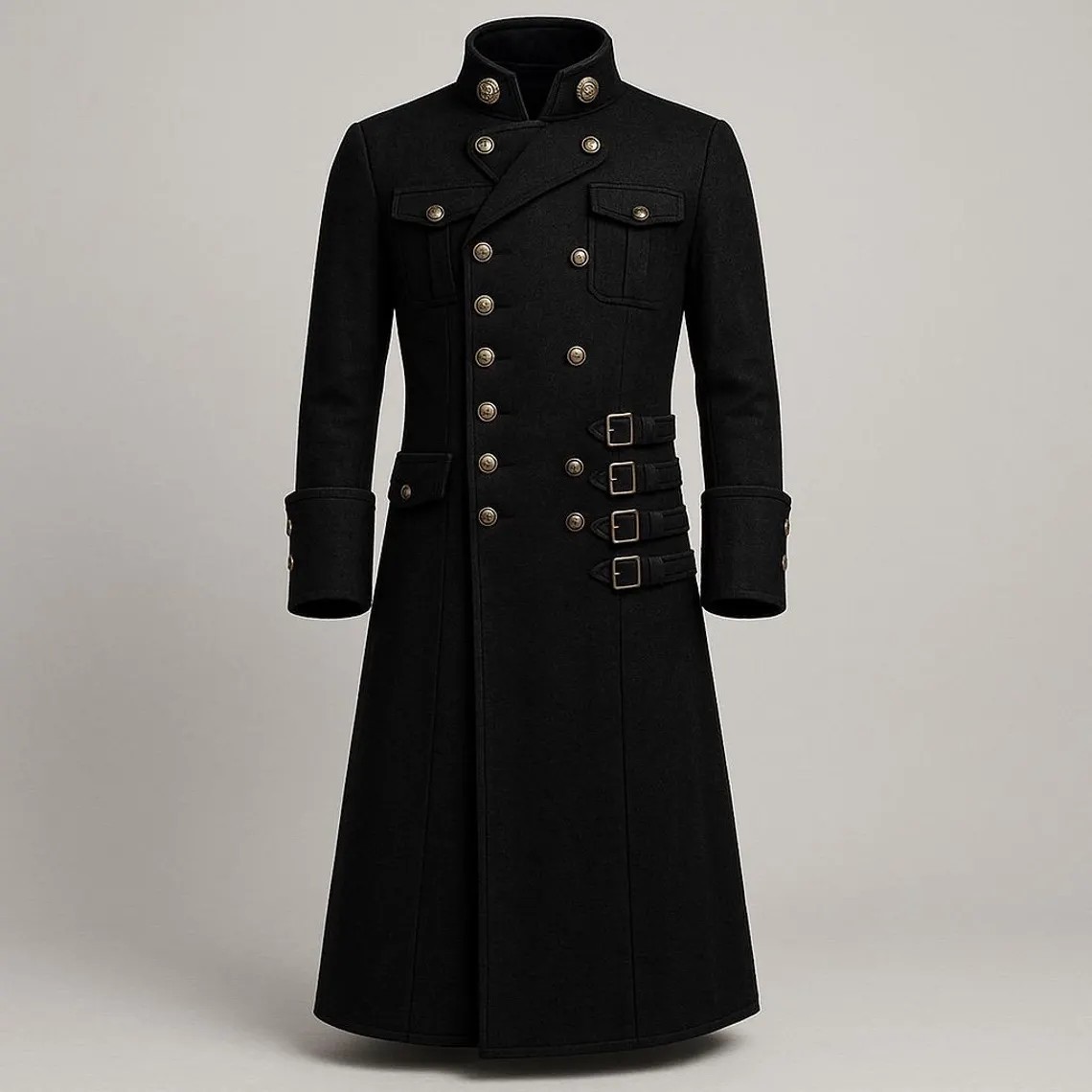 Men’s Gothic Steampunk Military Long Coat Black Trench Jacket with Buckle Straps