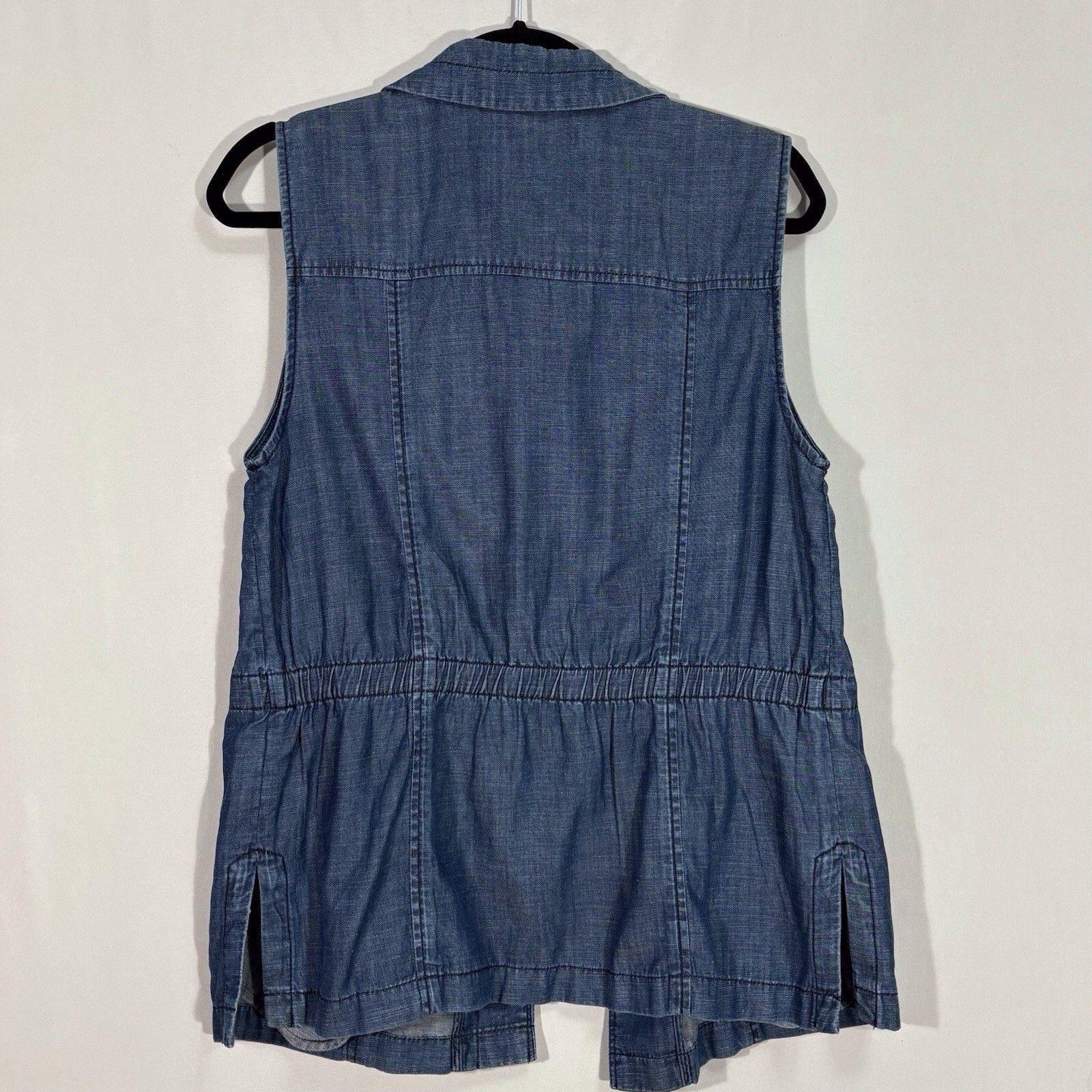Talbots Blue Chambray Button Up Tunic Vest XL Pockets Cotton Linen Blend