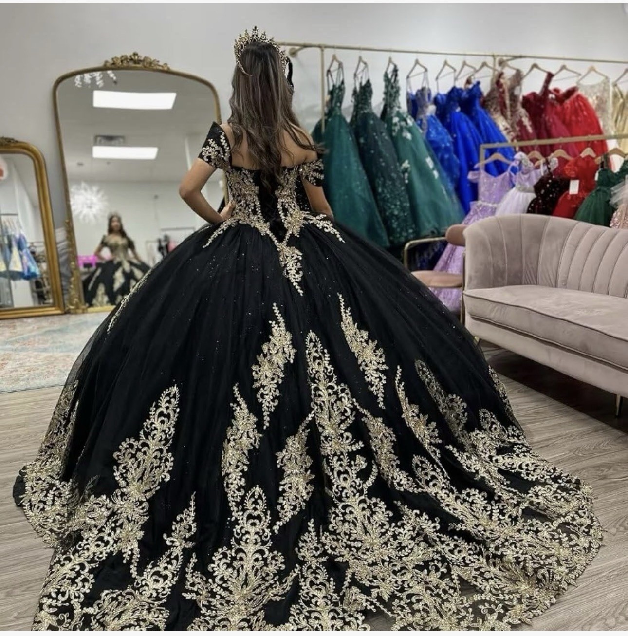Red/Gold Off Shoulder Ball Gown Tulle Floral Embroidered Sequin Train size 12