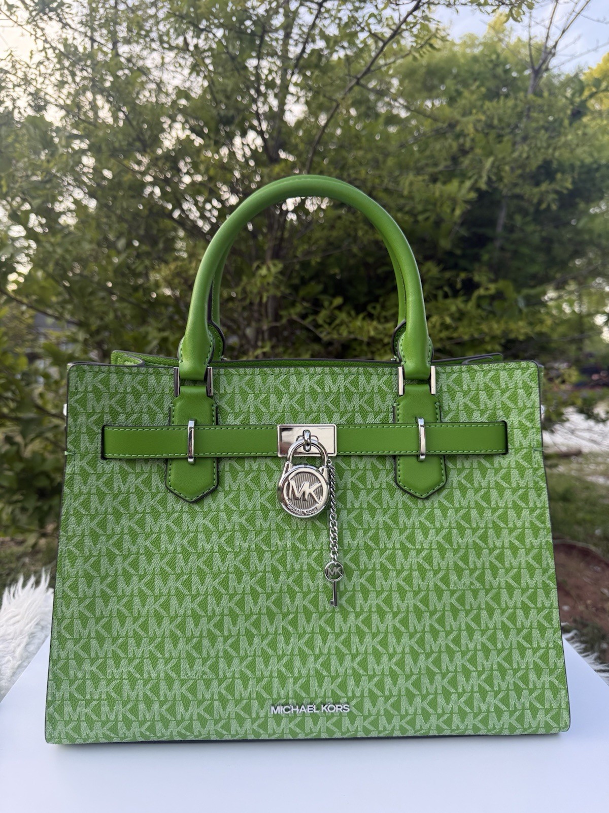 Michael Kors Medium Hamilton Satchel MK Logo Leather Jungle Green Crossbody
