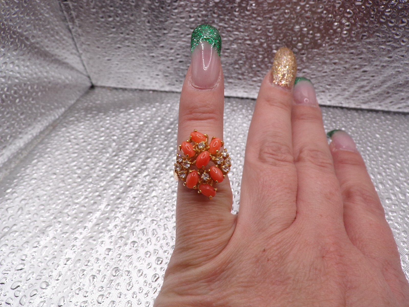 Costume Real Coral & Clear Rhinestone Ring Size 4 3/4