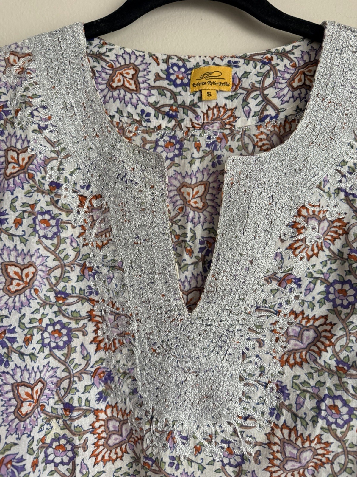 Roberta Roller Rabbit 100% Cotton Floral Print Embroidered Tunic Blouse Small S