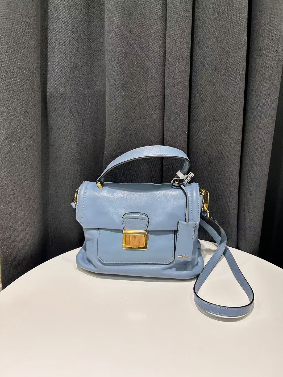 Miu Miu Crossbody Satchel Light Blue Lambskin Leather Italy