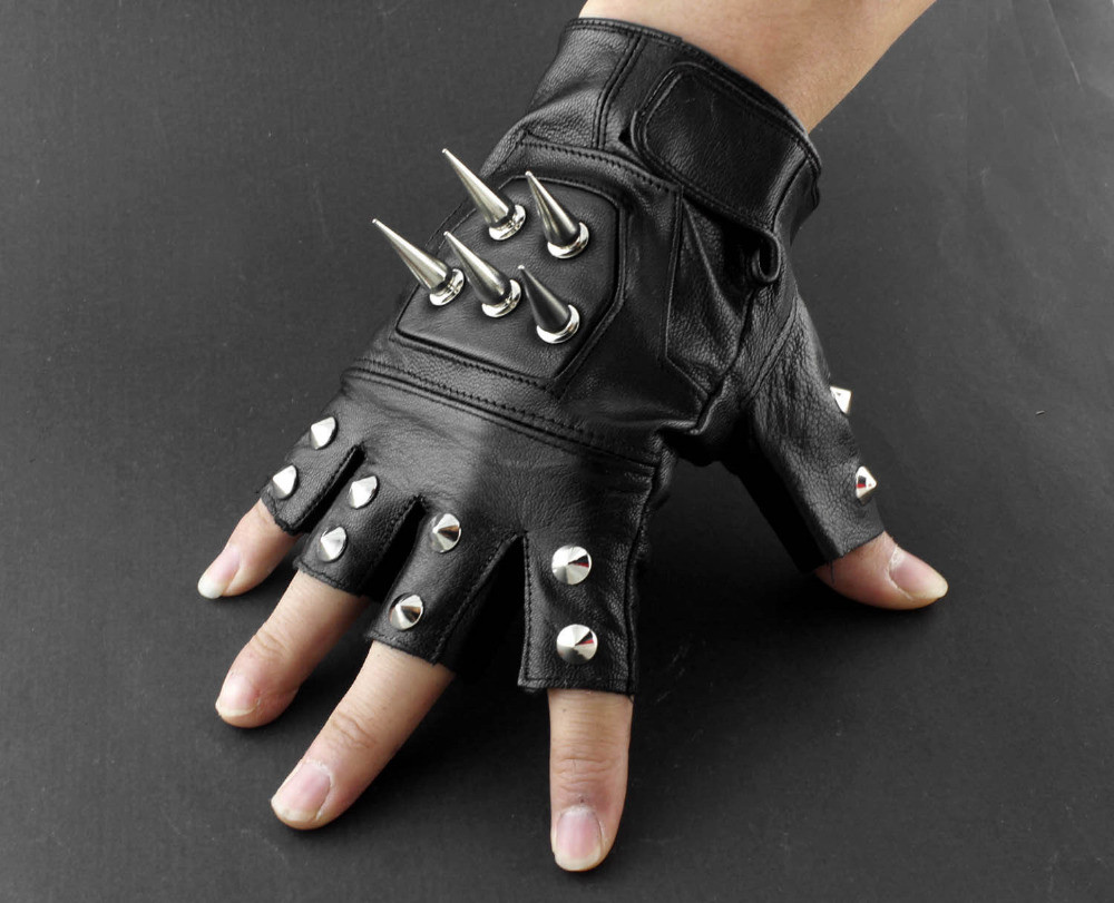 Mens Leather Spike stud Punk Rocker Driving Motorcycle Biker Fingerless Gloves
