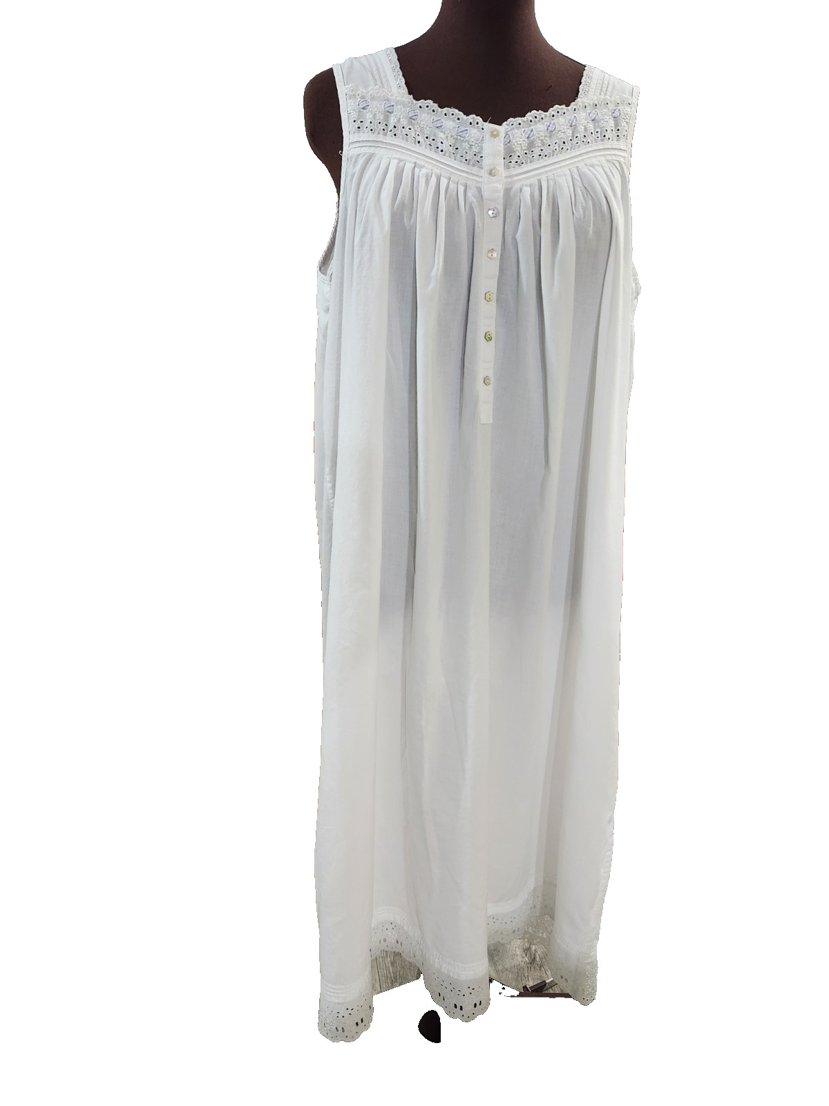 Vintage Eileen West Nightgown White M Cotton Button Ribbon Cottagecore 1990’s