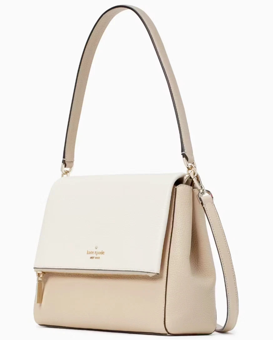 Kate Spade Leila Medium Flap Shoulder Bag Beige & White Leather