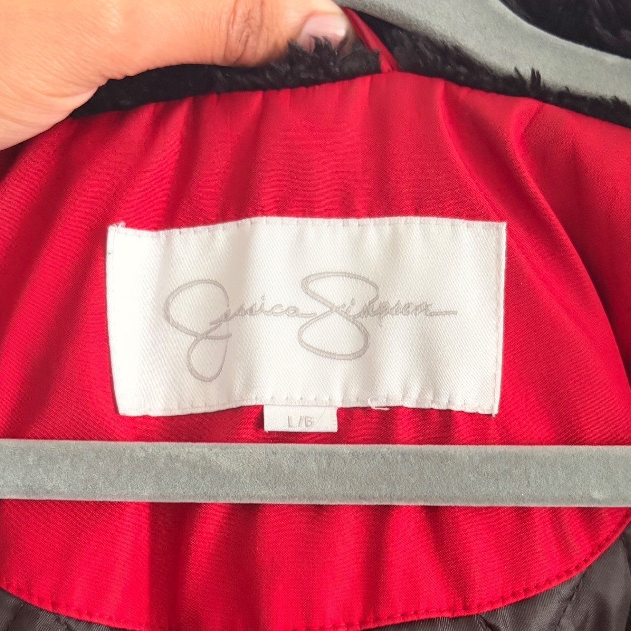 Jessica Simpson Red Hooded Utility Jacket Belted Quilted Lining Faux Fur Large