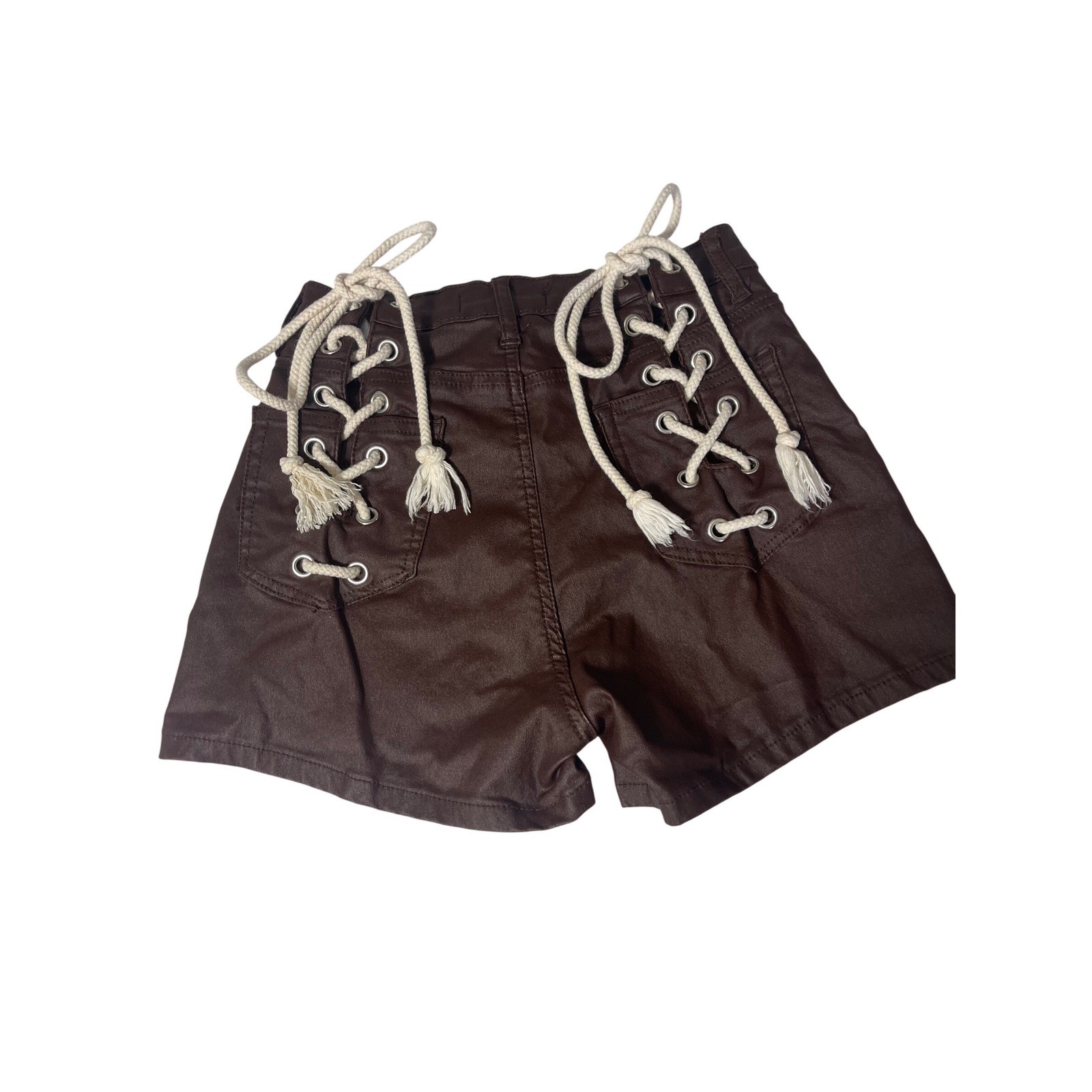 AKIRA Brown Faux Leather Lace-Up Shorts XL High Rise Stretch Coated Festival