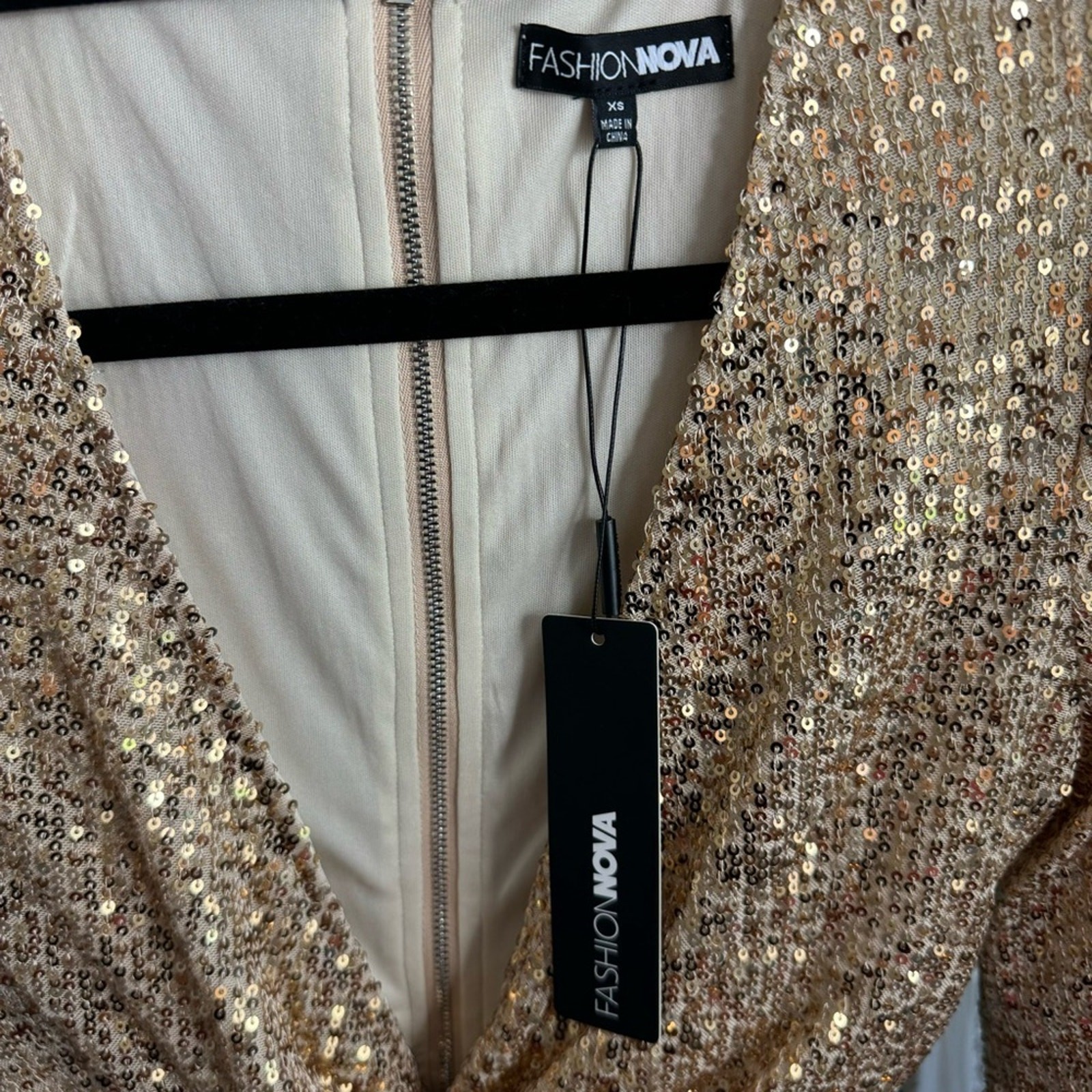Fashion Nova Gold Sequin High Slit Maxi Dress Size XS