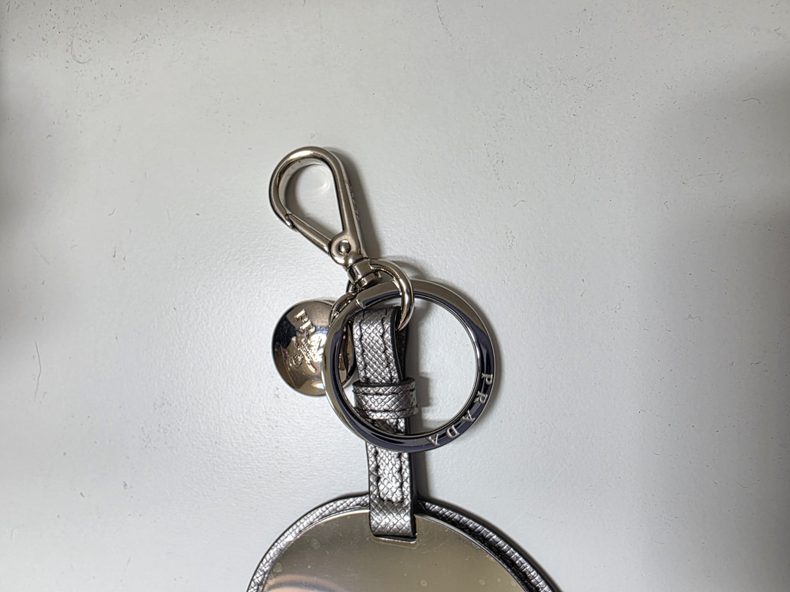 PRADA Silver Mirror Key Chain Keyring with Clip In Silver Saffiano Leather