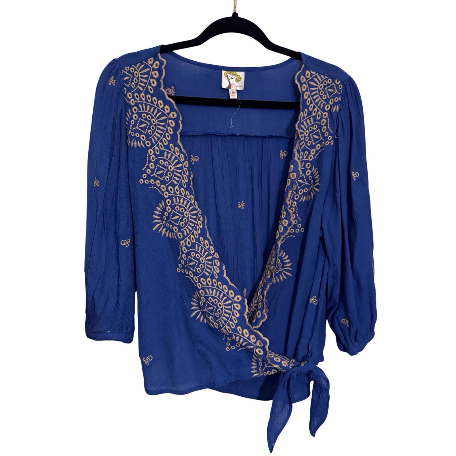 Fig And Flower Size Medium Blue Floral Embroidered Wrap Top Blouse Boho Cottage