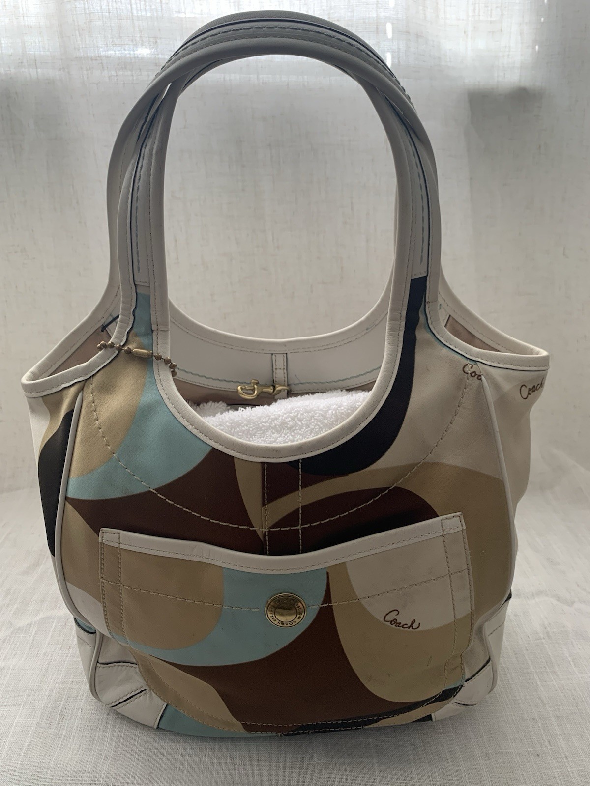 Coach Ergo 10783 Optic Scarf Print Satin Leather Tote Shoulder Bag Multicolor