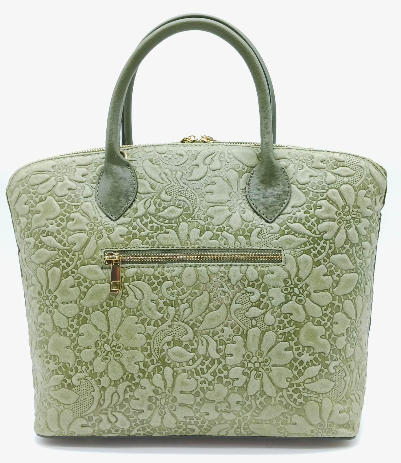Army Green Italian Genuine Leather Floral Embossed Handbag Satchel Made In Italy
