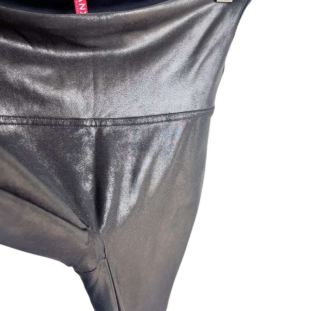 Spanx Faux Leather Leggings Sz Medium Black Shiny Shaping Nylon Pants
