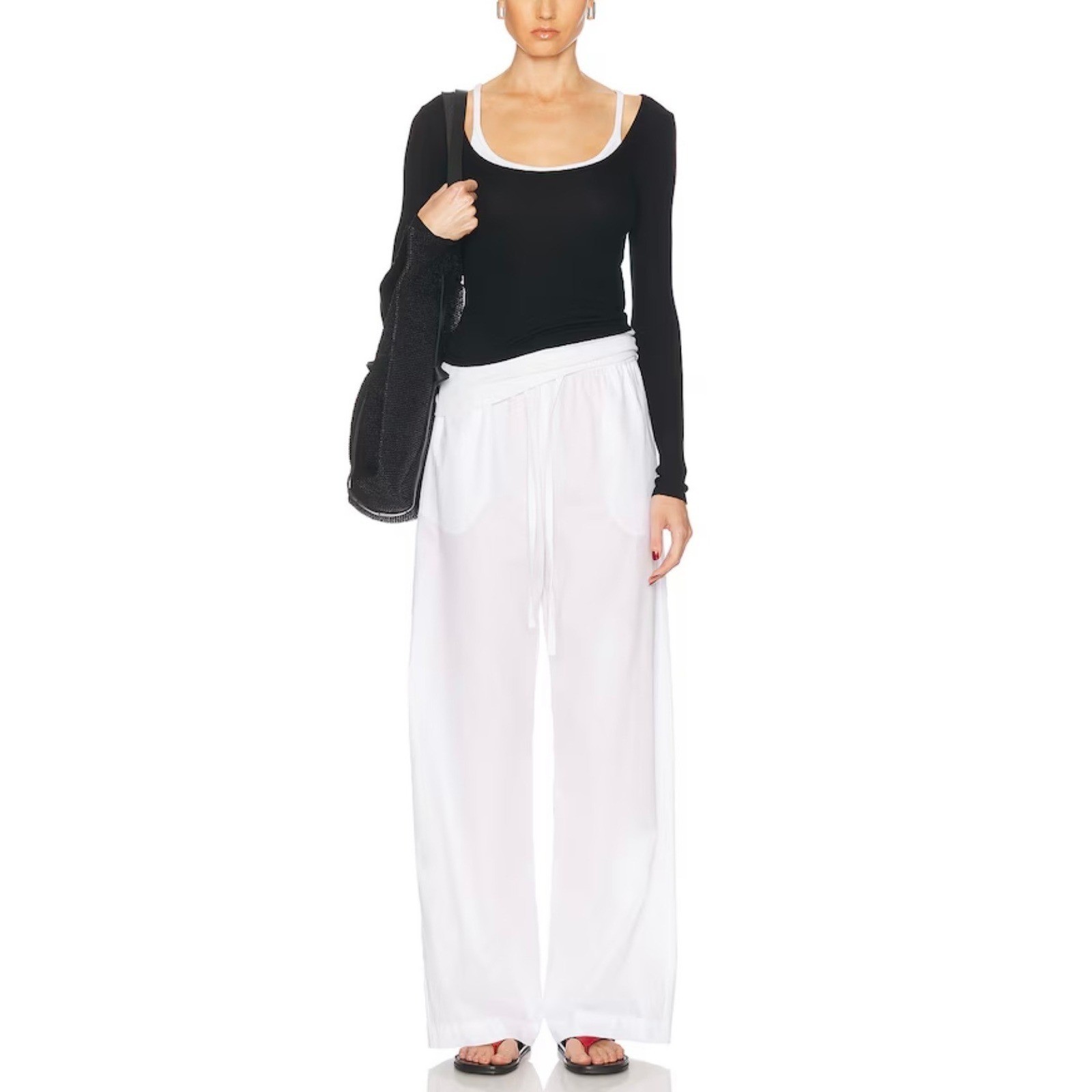 ENZA COSTA Poplin Resort Pant Womens XS White Cotton Wide Leg Drawstring NEW