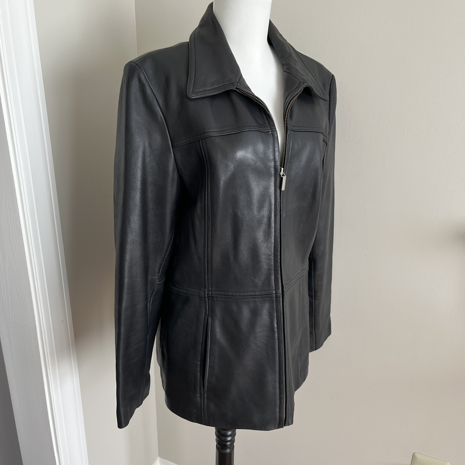 Vintage Colebook Black Leather Jacket Womens L Moto Biker Minimalist 90s