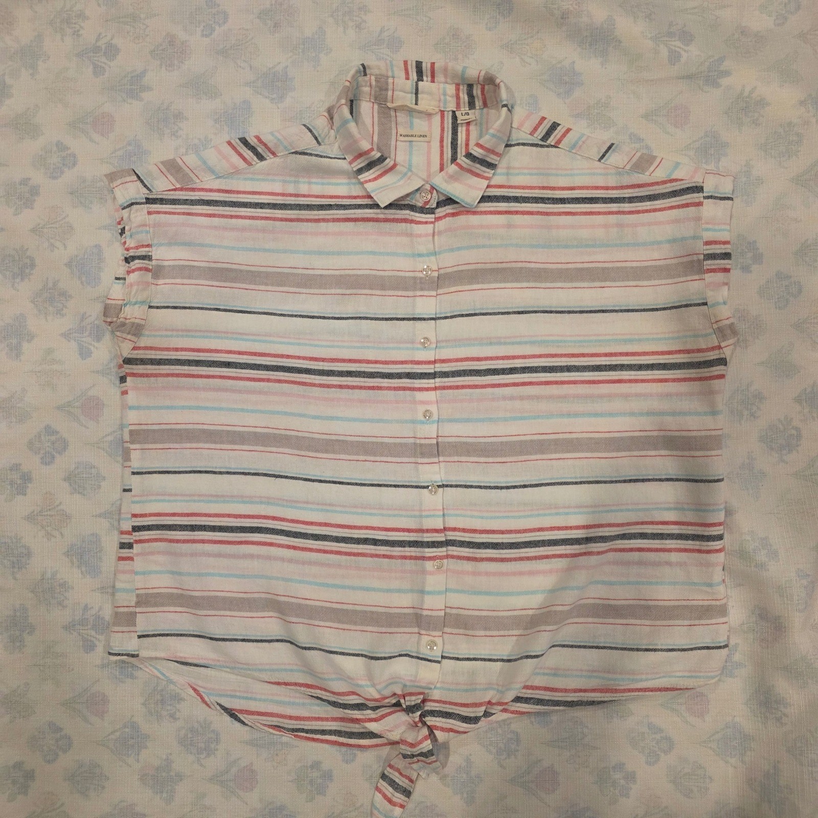 Lagenlook Weatherproof Wmns Large Linen Blnd Stripd Tie Front Shirt Multi-Color