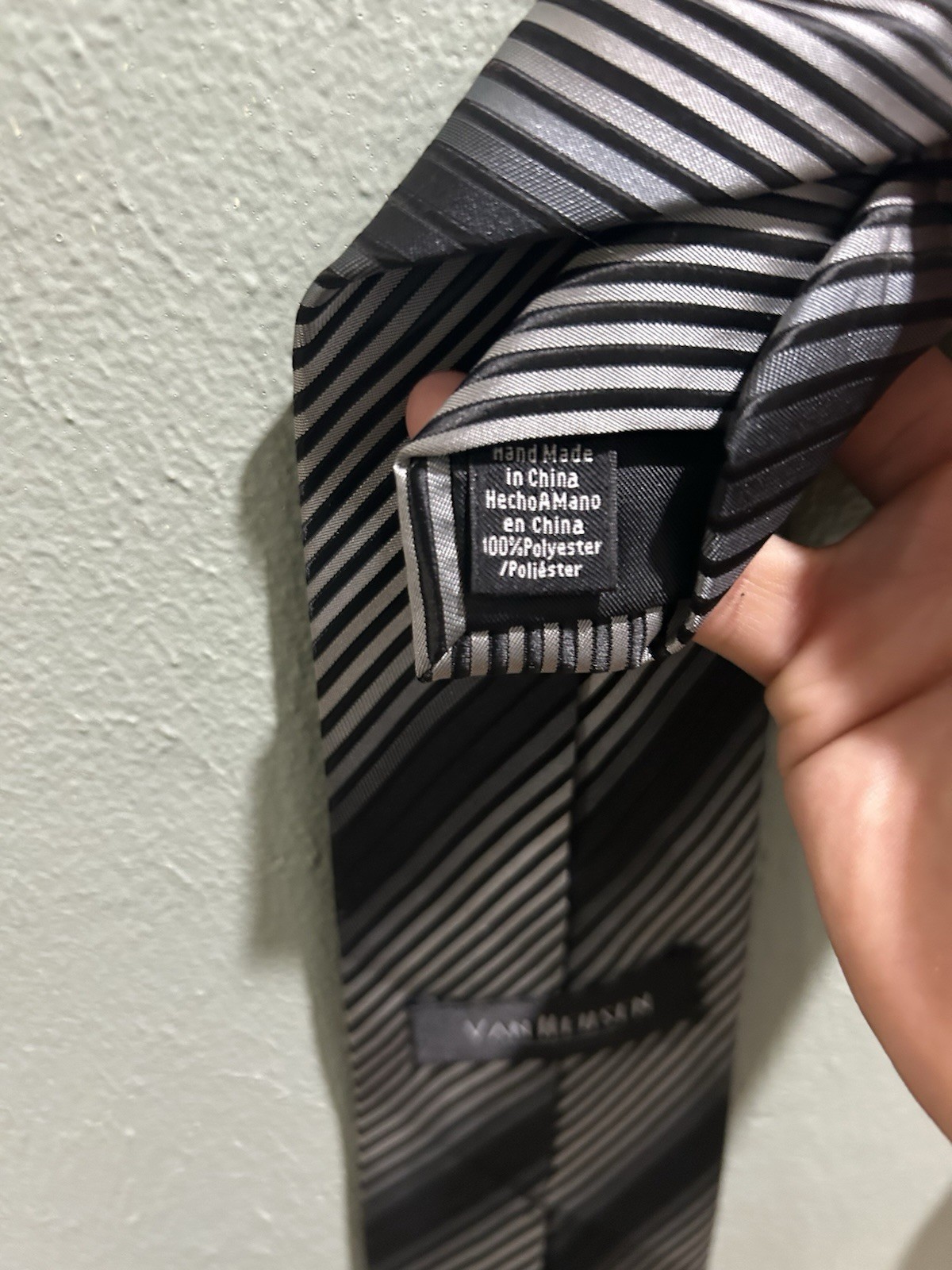 Van Heusen Men’s Striped Tie Necktie, Black Gray White, Polyester, Handmade